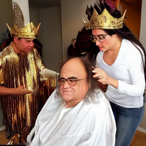 Prompt: handsome man with shiny and silky long hair getting hair styled by danny devito wearing a golden crown studded with sparkling diamonds, mobius