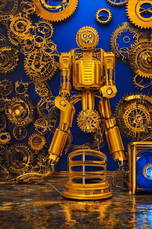 Image similar to portrait photo of a giant huge golden and blue metal steampunk robot with gears and tubes, robot is a vaccuumcleaner, on the wet floor are mop and bucket, eyes are glowing red lightbulbs, shiny crisp finish, 3 d render, 8 k, insaneley detailed, fluorescent colors, background is multicolored lasershow