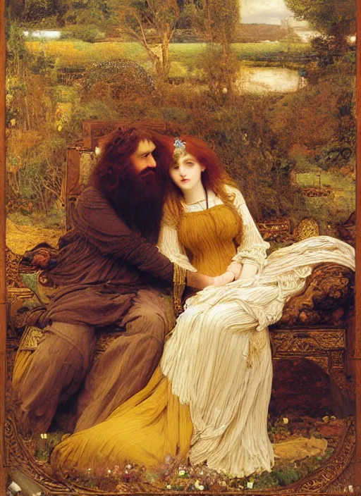 Prompt: masterpiece of intricately detailed preraphaelite photography couple portrait sat down, love, inside a beautiful underwater train to atlantis, man with long hair big beard glasses, woman with large lips big eyes straight fringe, detailed realistic expressions, colourful unusual clothes yellow ochre, by ford madox brown william powell frith frederic leighton john william waterhouse hildebrandt william morris