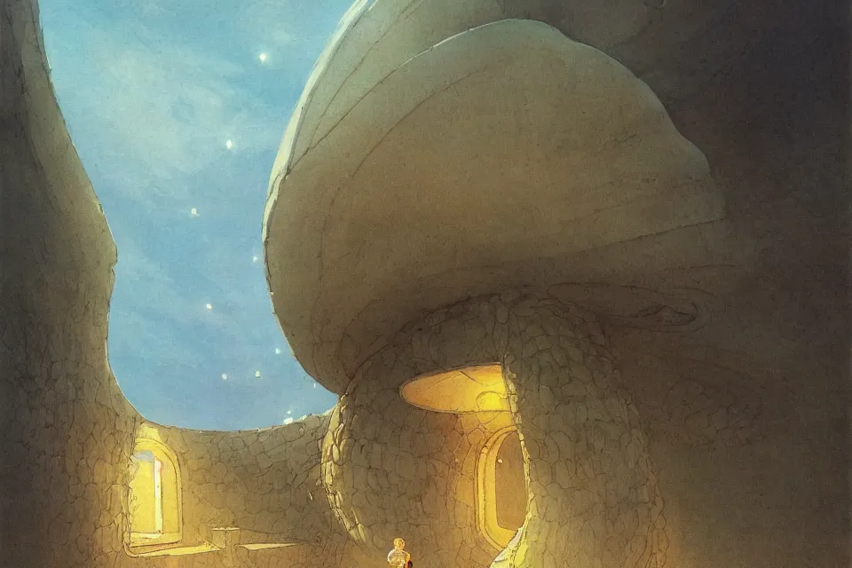 Image similar to atmospheric painting of a giant seashell house, a young girl stands outside, by moebius and john harris, atmospheric, concept art, saturation 8