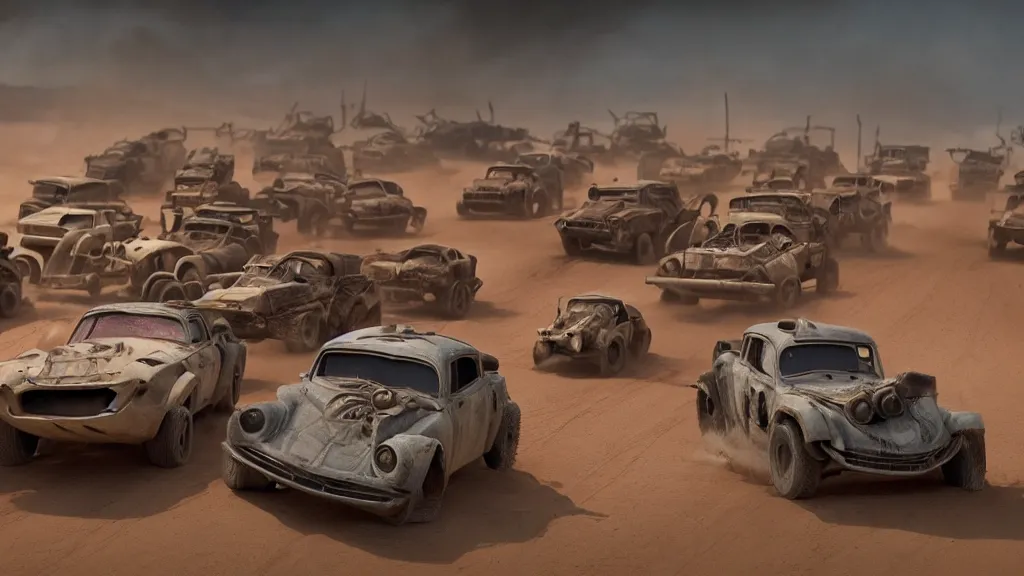 Image similar to pixar cars in mad max fury road, cartoon eyes, war boys, furiosa, explosions, imax