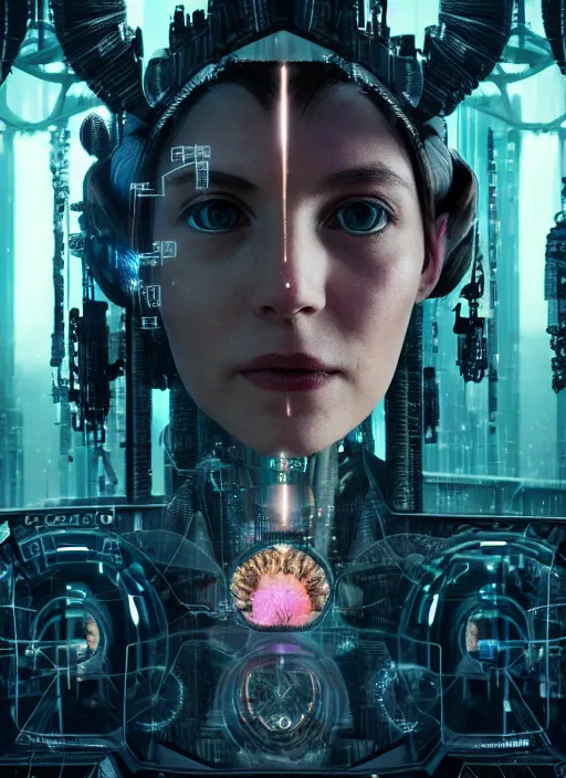 Image similar to 35mm portrait of an intricate and sophisticated borg with face implant above her eye, on the background of a weird magical mechanical forest. Round gears visible inside her hear. Very detailed 8k. Fantasy cyberpunk horror. Sharp. Cinematic post-processing