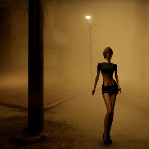 Image similar to supermodel in silent hill, heaven's night nightclub, 8 k, realistic, fashion photography