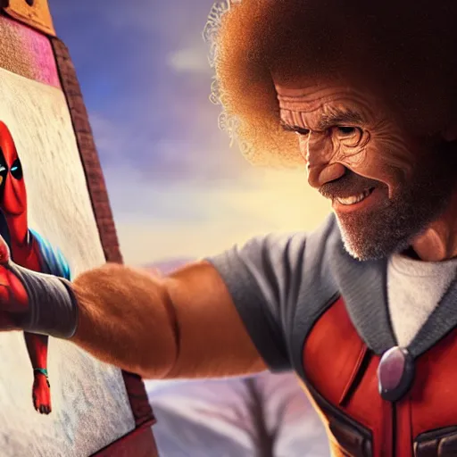 Image similar to a closeup photorealistic photograph of bob ross working on a canvas painting of deadpool. film still. brightly lit scene. mountains and trees. this 4 k hd image is trending on artstation, featured on behance, well - rendered, extra crisp, features intricate detail, epic composition and the style of unreal engine.