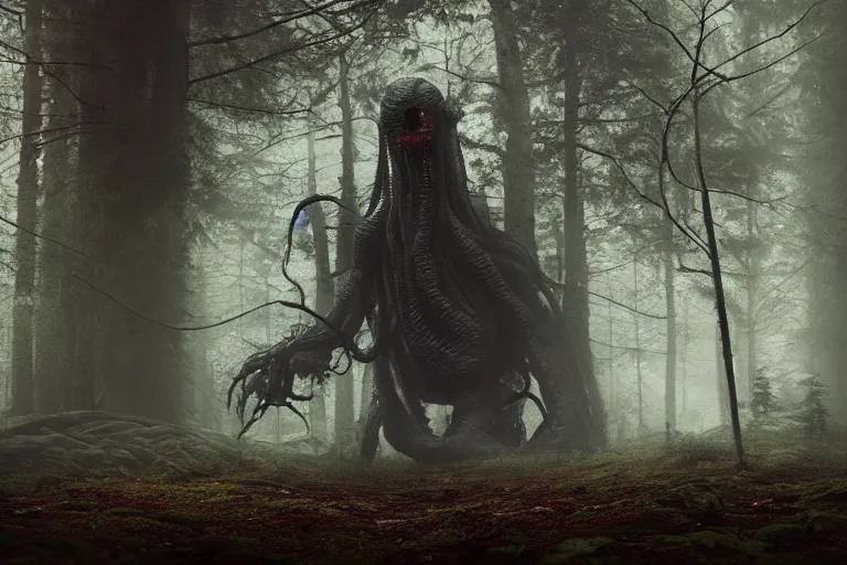 Image similar to creepy eldritch monster in a swedish forest, very low angle photograph, very detailed, trending on artstation, realistic, soft colors, simon stålenhag, lovecraft, horror