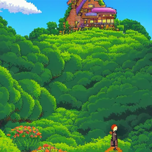 Image similar to pixel art of a beautiful, lush landscape, studio ghibli