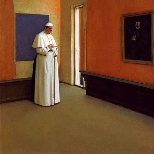 Image similar to a pope in an haunted liminal abandoned room, film still by edward hopper, by Pontormo, by klimt, pre-raphaelite. art noveau, art noveau, highly detailed, strong lights, liminal, eerie, Bright pastel colors