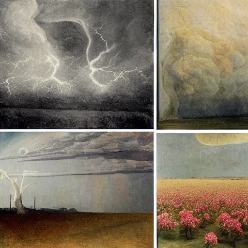 Image similar to by william blake, by odd nerdrum terrifying, stormy. a beautiful collage depicting a farm scene. the collage shows a view of an orchard with trees in bloom.