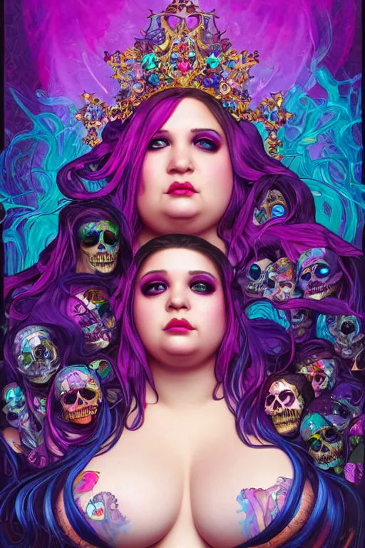 Image similar to full portrait of the lisa frank morbidly obese cyberpunk mermaid, gothic, highly detailed, digital painting, crown of skulls, artstation, smooth, sharp focus, illustration, art by artgerm and greg rutkowski and alphonse mucha and william - adolphe bouguereau