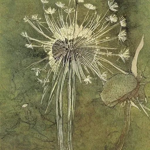 Image similar to a beautiful fairytale painting of a dandelion seed that is also a fairy. the dandelion seed is the body of the fairy. beautiful clear painting by arthur rackham