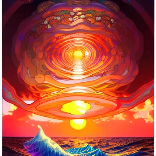 Prompt: ocean wave around giant psychedelic mushroom, lsd water, dmt droplets, backlit, sunset, refracted lighting, art by collier, albert aublet, krenz cushart, artem demura, alphonse mucha