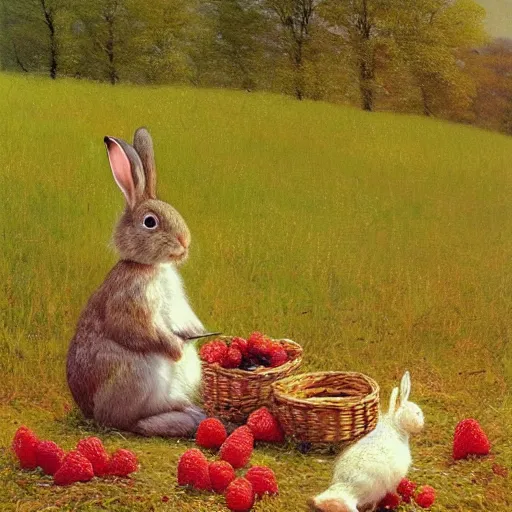 Prompt: a beautiful painting of a cute rabbit eating raspberries on a sunny meadow during midday, stunningly beautiful, trending on artstation, by john atkinson grimshaw
