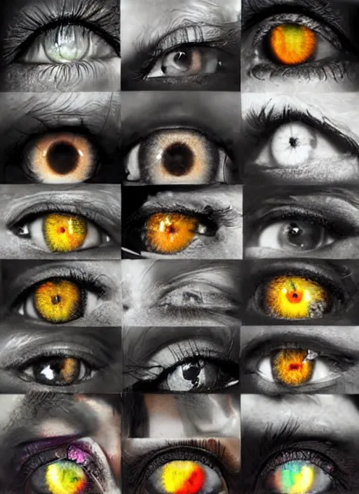 Image similar to grid montage of cube shaped eyes cubes, square shaped black dilated pupils cubes, cube shaped irises, detailed colored textures, lashes, advanced art, art styles mix, wet reflections in square eyes, sunshine light, hd macro photograph, from side, various eyelid positions, square black pupil centered