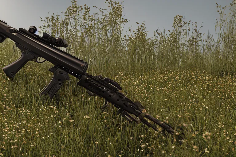 Image similar to overgrown heckler & koch mp 7 ai. octane render. substance painter painter. black, matte metal. flower field. photoreal.