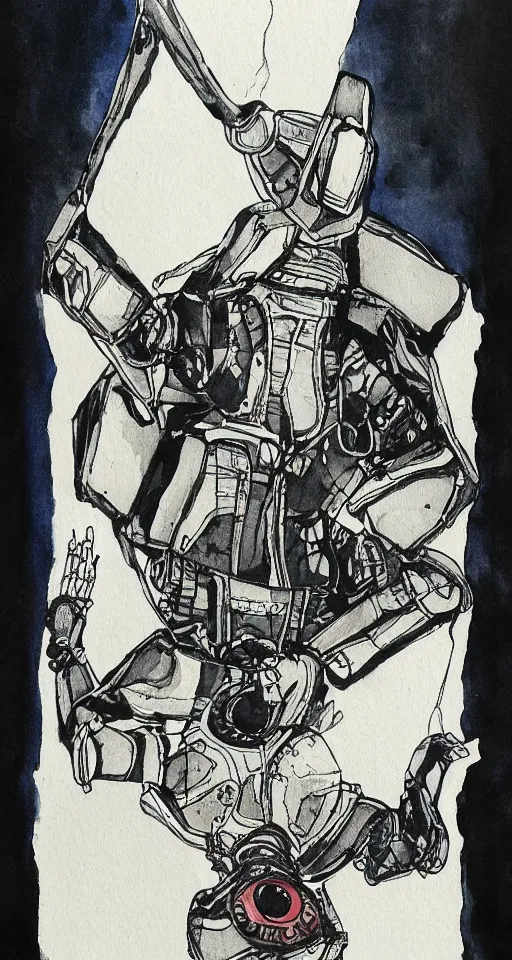 Prompt: a robot hanging by his feet upside down peacefully, beautiful ink painting inspired by the hanged man tarot card,