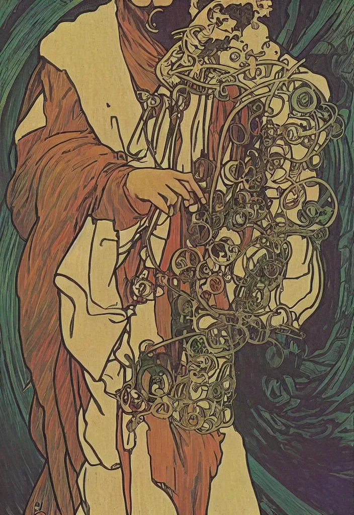 Prompt: Yoshua Bengio as the magician on a tarot card, tarot in art style by Alphonse Mucha