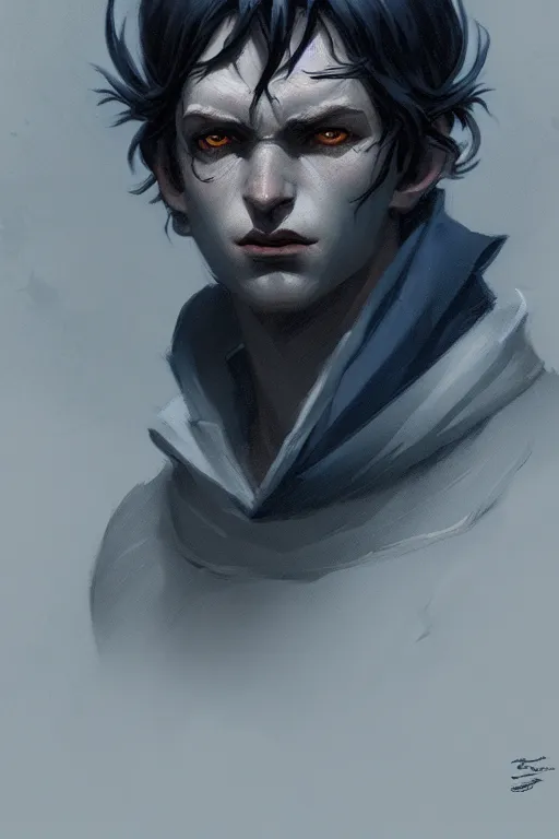 Prompt: portrait of a sad dark blue tiefling boy with horns and shaggy dark hair and pitch black hollow eyes, soft soft rounded face face face by Greg Rutkowski, concept art, sharp focus, illustration, intricate, highly detailed