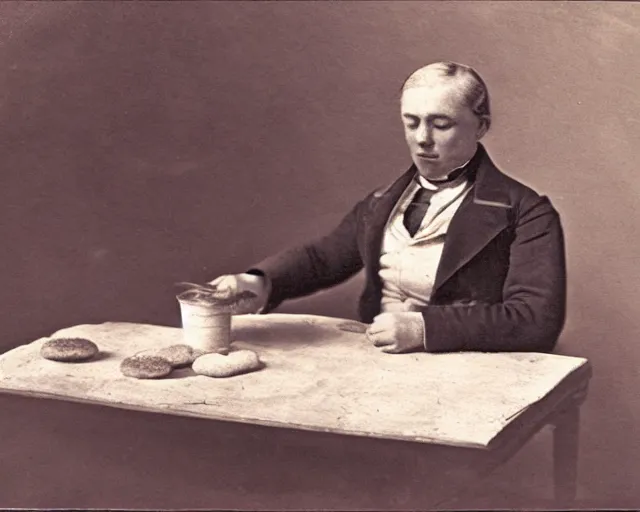 Image similar to an early 1800s photo of someone sitting at a computer making a donut in blender3d