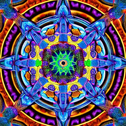 Prompt: ornate psychedelic twisting three dimensional mandala vortex inside a hexagonal box, intricate detail, complex