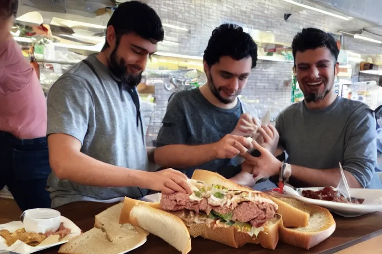 Prompt: software engineers eating italian deli sandwiches