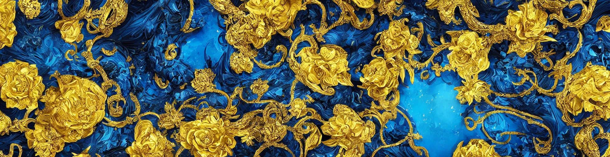 Image similar to black blue yellow beach, complicated gold and blue flowers the baroque style decoration, dark fantasy, intricate, elegant, highly detailed, digital painting, artstation, concept art, matte, 3 d 8 k octane rendered, sharp focus, illustration, octane rendered, art by artgerm