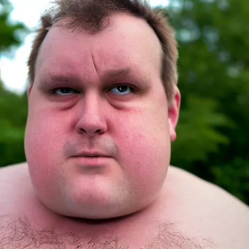 Image similar to a portrait photo of the fattest man ever, he is not happy, 5 0 mm, depth of field