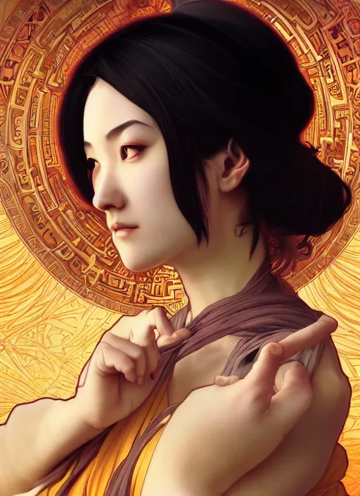 Image similar to A beautiful female monk, highly detailed, digital painting, smooth, sharp focus, tarot illustration, art by artgerm and alphonse mucha, high definition digital art, in the style of Ross tran and ilya kuvshinov