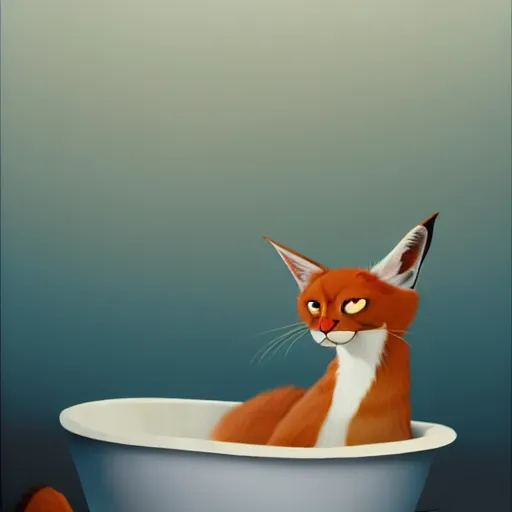 Image similar to Goro Fujita illustrating photo of a cute caracal in a bathtub