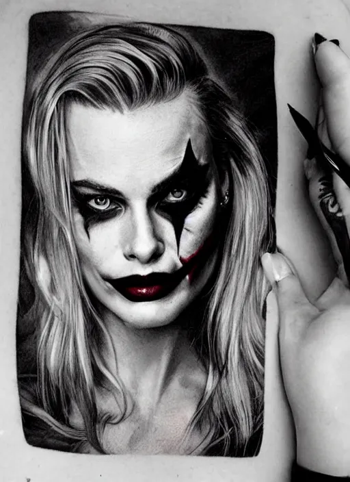 Image similar to tattoo design of margot robbie with joker makeup, ace card, in the style of matteo pasqualin, realistic face, black and white, realism tattoo, hyper realistic, highly detailed