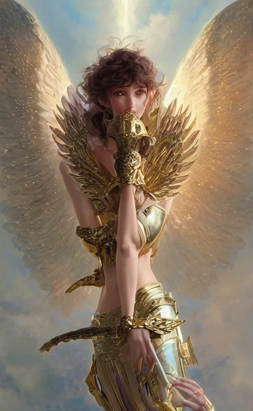 Prompt: A beautiful and fierce angel wearing fancy metallic battle armor and wings among heavenly clouds, intricate, elegant, highly detailed, digital painting, goden hour photography, artstation, concept art, smooth, sharp focus, illustration, art by artgerm and greg rutkowski and alphonse mucha