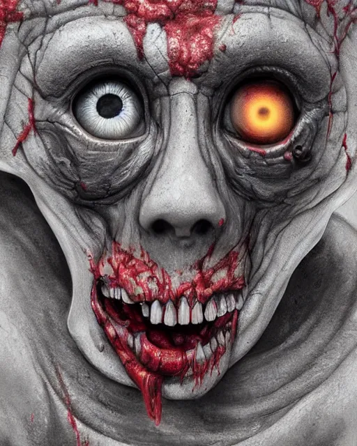 Image similar to Haunting horrifying hyperrealistic detailed painting of a tall slim flesh extraterrestrial creature made of concrete stone brick, covered in, heavy metal, disgusting, creepy, unsettling, and bloodshot eyeballs, hyper detailed, trending on Artstation