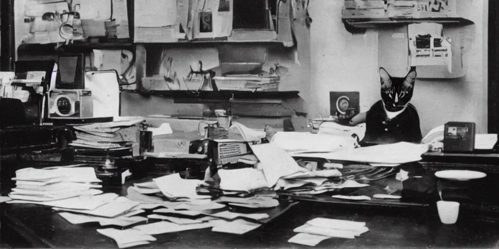 Prompt: a vintage black and white wide photo, from the year 1890, of a board cat, wearing glasses, working in a busy tec support office, banging on the computer keyboard, while talking on the phone with its other paw, surrounded by cups of coffee