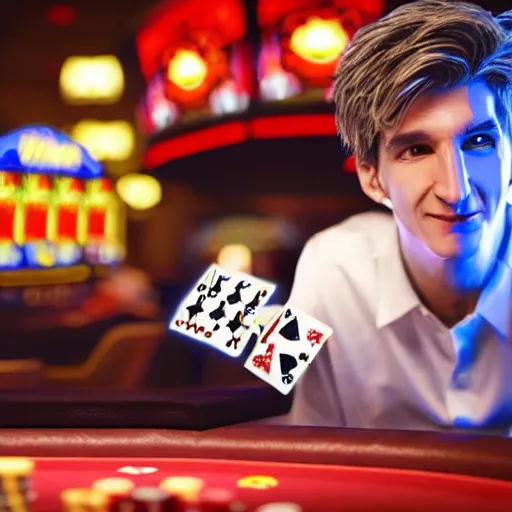 Image similar to film still of xqc gambling in Vegas, 4k, photorealism, artstation style