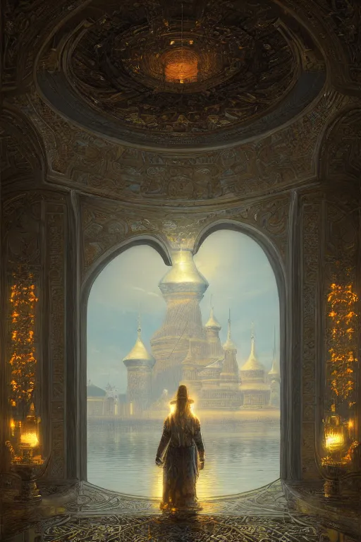 Image similar to vanishing point palace is like the kremlin covered with golden roses on a lake, viewed from afar, stephen bliss, misty, unreal engine, fantasy art by greg rutkowski, loish, ferdinand knab, and lois van rossdraws,, global illumination, radiant light, minimalist, detailed and intricate environment