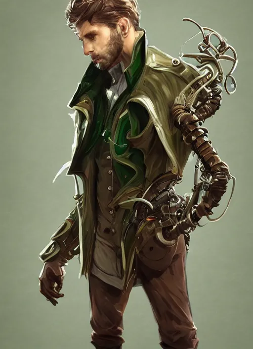 Image similar to a highly detailed illustration of thick wavy brown haired young white guy wearing brown detective trench coat and wearing dark green mask, with many long mechanical arms on his back, dramatic standing pose, intricate, elegant, highly detailed, centered, digital painting, artstation, concept art, smooth, sharp focus, league of legends concept art, WLOP