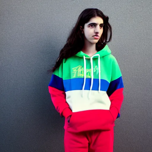 Prompt: a photo of hila klein wearing teddy fresh color block hoodie, fashion, model, realistic, photography, high quality