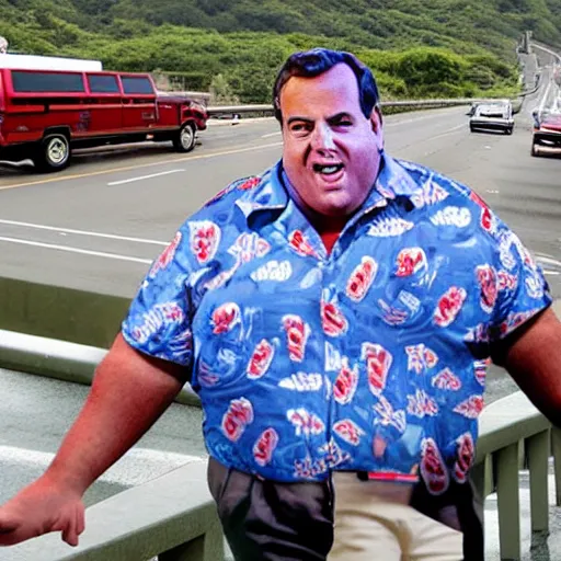 Prompt: oversized gigantic huge chris christie in a hawaiian shirt sitting on top of a bridge, blocking traffic. ap photo. bizarre, surreal photoshop. impossible proportions