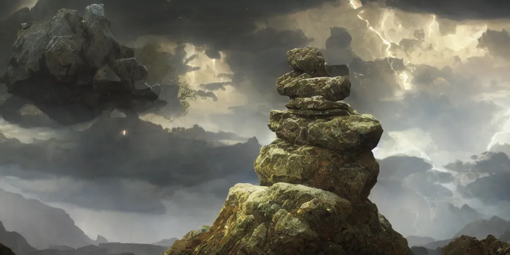 Image similar to photorealistic epic landscape with magically floating rocks, with ominous storm clouds by alphonse mucha and maxfield parrish. strange levitating stones, stones falling from the sky, swirls of mist. occult photorealism, uhd, amazing depth, glowing, volumetric lighting, cinematic lighting.