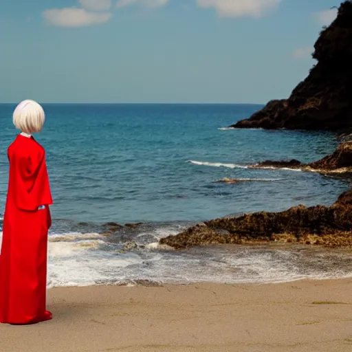 Image similar to japanese anime, white haired girl in red dress standing by the sea