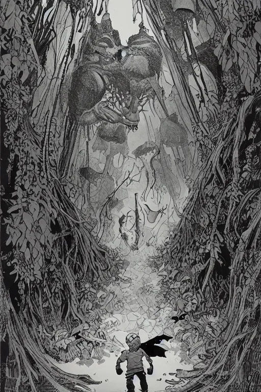 Image similar to young boy entering a huge mysterious and ominious forest with a monster in the distance, path, mushrooms, very graphic illustration by jean giraud and mike mignola, drawing, yoshitaka amano vibe, clean line, colorful comics style, dynamic light