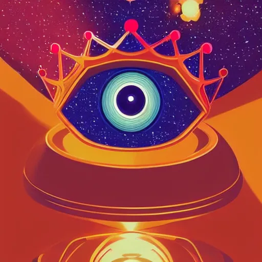 Prompt: a glowing crown sitting on a table with one large beautiful eye on top of it like a jewel, stars on top of the crown, night time, vast cosmos, geometric light rays, bold black lines, flat colors, minimal psychedelic 1 9 5 0 s poster illustration