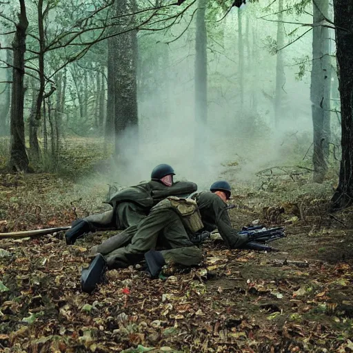 Image similar to ww 2 battlefield encounter in the woods