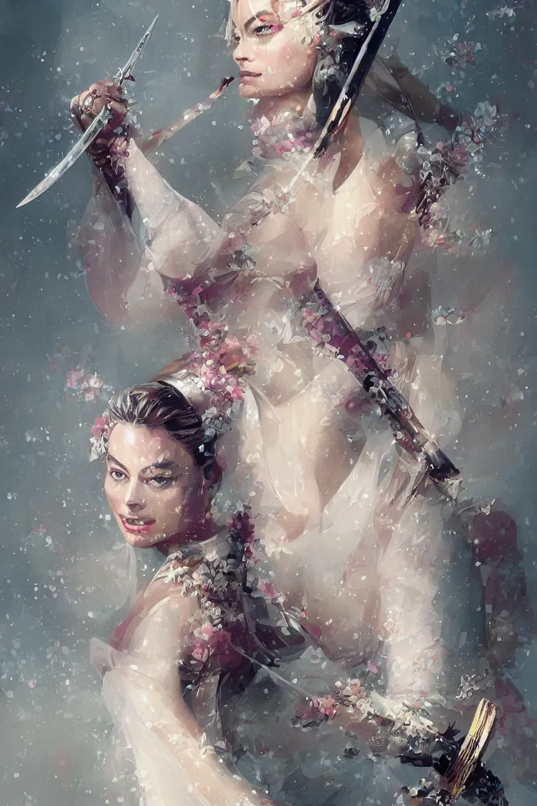 Prompt: a beautiful ultradetailed illustration of margot robbie as a geisha with a sword by Stephan Martinière, trending in artstation, portrait photo, bokeh, muted tones