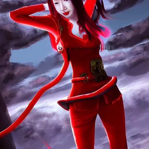 Prompt: half length portrait of a half - chinese teenage girl with short red hair and red outfit, still from arcane : league of legends, 3 d painting, animated, digital art, steampunk, anime