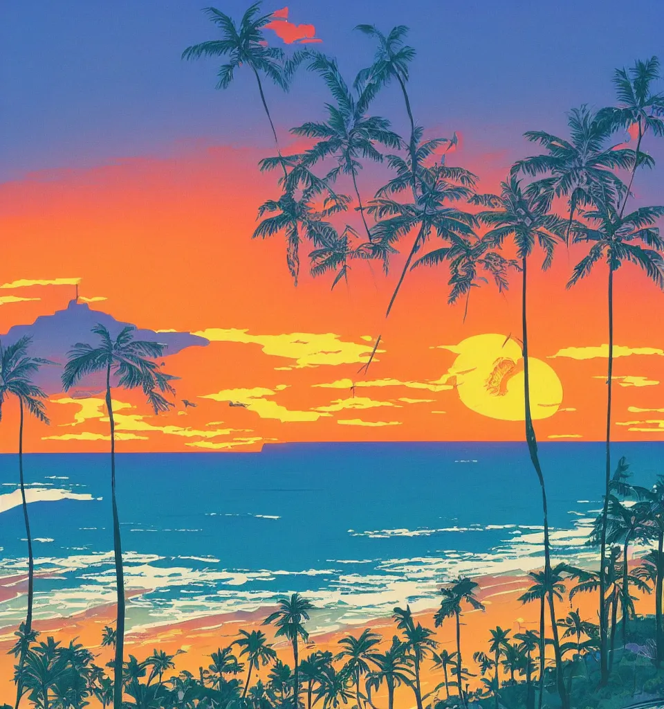 Prompt: gorgeous romantic sunset, cliffside onlooking the beautiful city of surfers paradise in queensland, warm colors, tropical, in the style of hiroshi nagai, very detailed, tropical, 8 0 s
