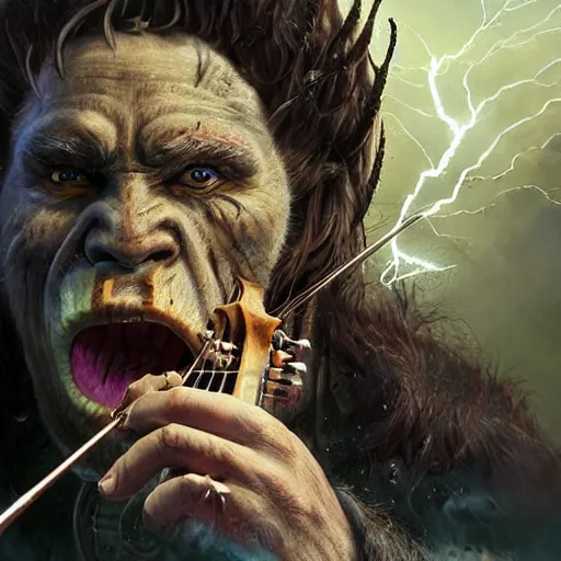 Prompt: detailed photo of a Half-orc bard portrayed by Gary Busey playing a fiddle, 8k,by Tristan Eaton, Stanley Artgermm, Tom Bagshaw, Greg Rutkowski, Carne Griffiths, trending on DeviantArt, face enhance, hyper detailed ,full of color, dramatic lightning, epic stance