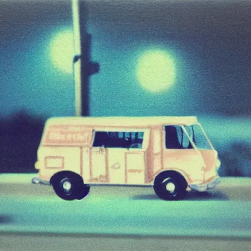 Image similar to an ice cream truck driving on the road at night with green headlights, Film Washi 'W', old photo