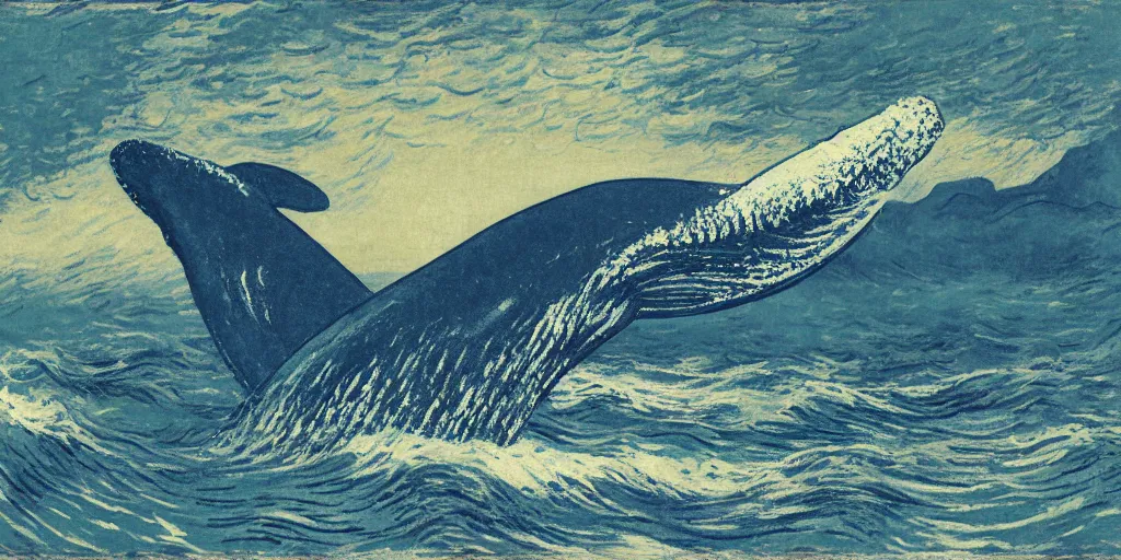 Image similar to An aesthetically pleasing, dynamic, energetic, lively, well-designed digital art of a whale, ripples, waves, sea foam, light and shadow, ocean caustics, aizome patterns, shin-hanga by Claude Monet, traditional Japanese colors, superior quality, masterpiece, excellent use of negative space.