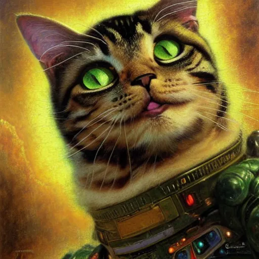 Prompt: a portrait of a humanoid fluffy tabby cat feline with green human eyes wearing a space suit. shadowrun cyberpunk fantasy highly detailed painting by gaston bussiere craig mullins jc leyendecker gustav klimt artgerm greg rutkowski john berkey, bergey, craig mullins, ruan jia, raymond swanland, jeremy mann, tom lovell, alex malveda