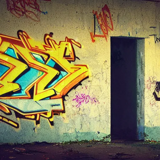 Image similar to graffiti on a wall in a run down building, happy mood, cyberpunk, high detail, golden light, realistic